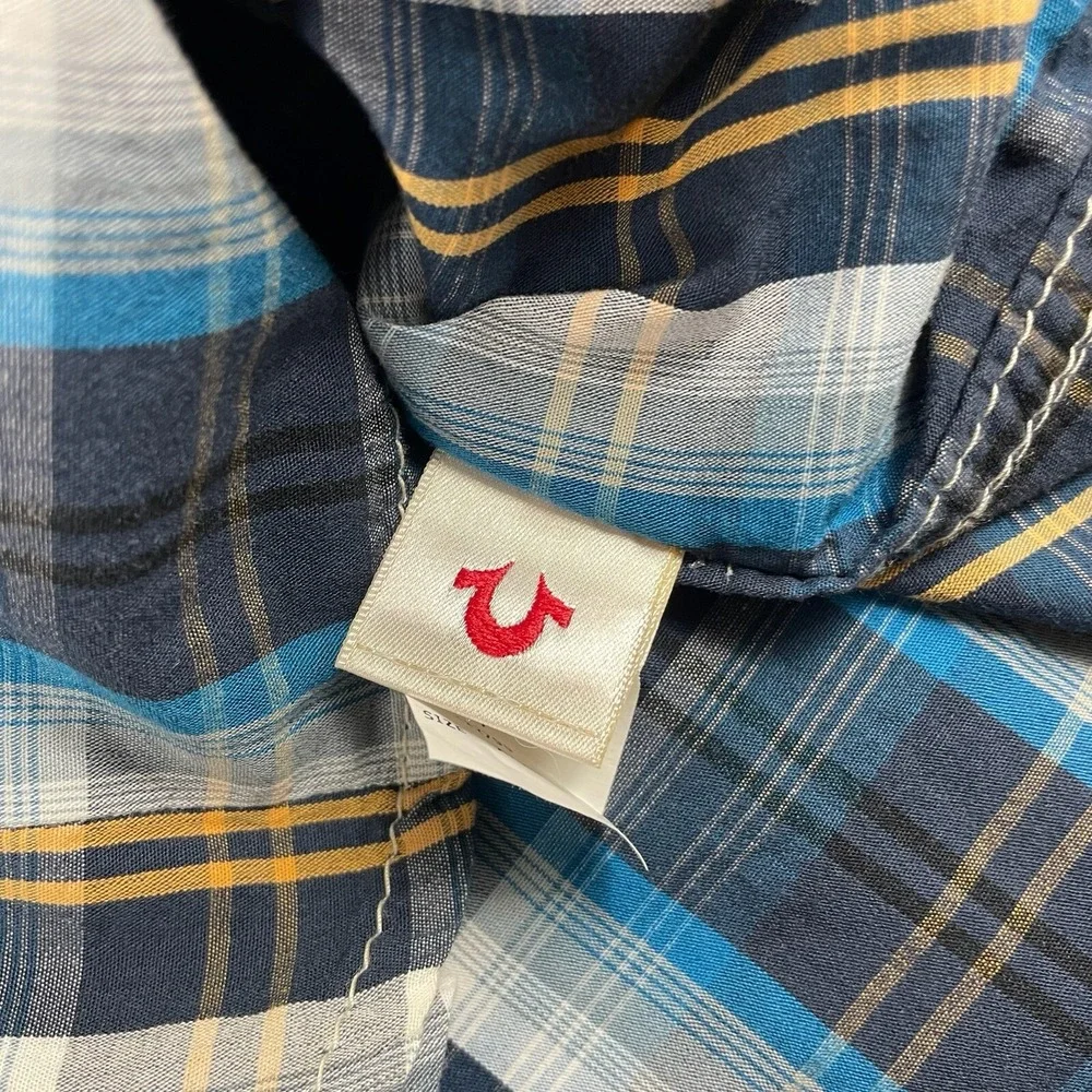 True Religion Blue White Yellow Checked Cotton Sawtooth Square Pearl Snap 3XL